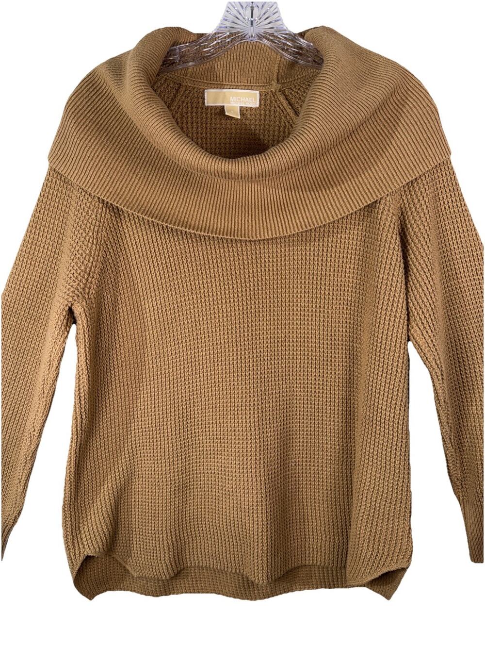 Michael Kors Waffle Knit Cowl Neck Sweater Tan Brown Khaki Women's Small Cotton